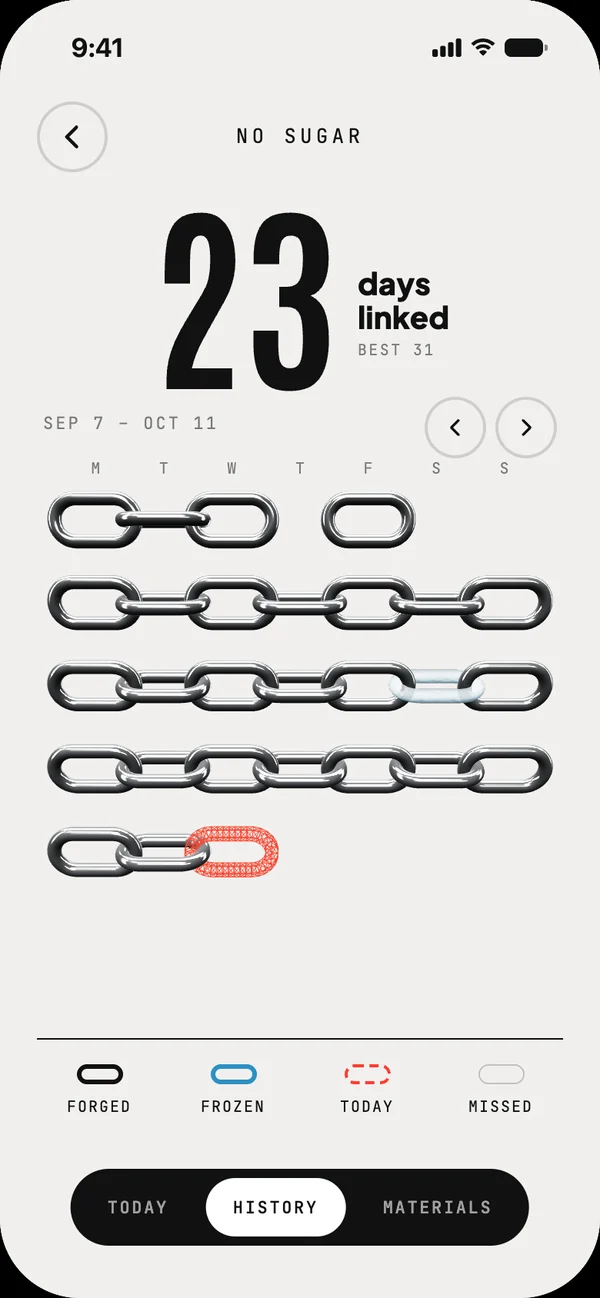 History screen: every day of the chain as a row of links.