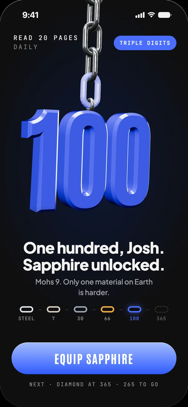 Milestone screen: a sapphire 100 pendant.